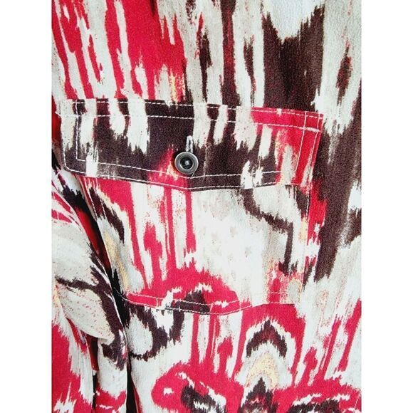 Chico's 2 Multicolor Button Front Top Shirt Size L Tan Red Brown Southwest Style - Picture 3 of 8